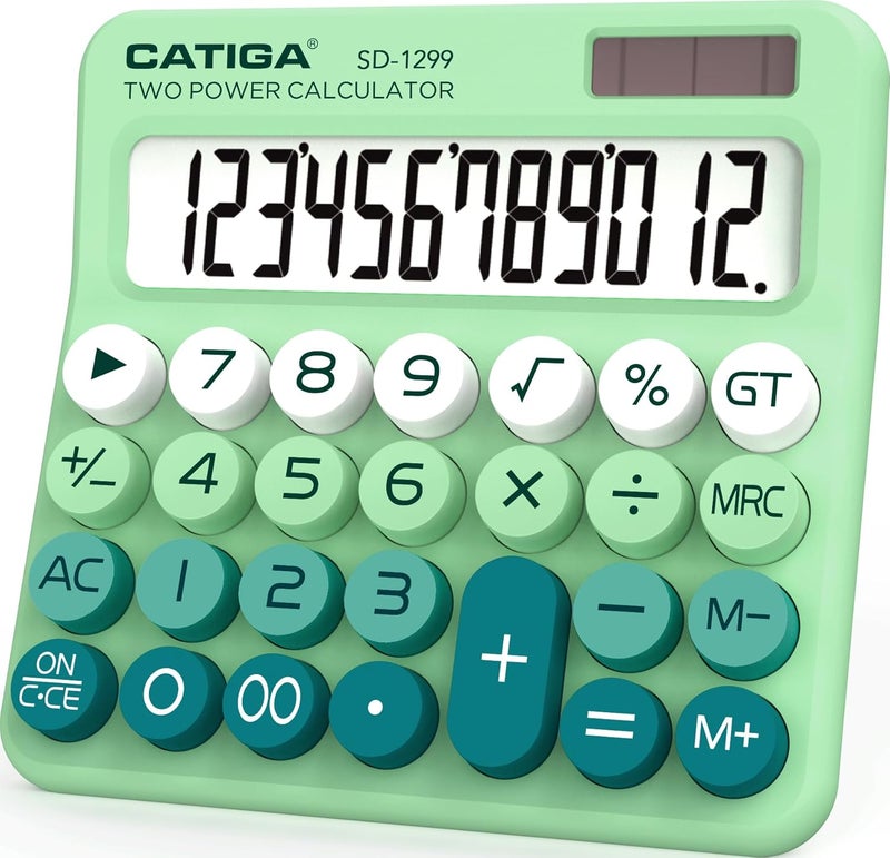 CATIGA Mechanical Switch Calculator with Solar and Battery Dual Power, 12-Digit Large LCD Display, Aesthetic and Cute Desktop Calculator with Big Button, for Home, School and Office Use, SD-1299 - Image 1